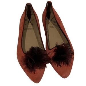 KMB Women's Dark Pink Suede Pointed Toe Ballet Flats with Feathers Size 36